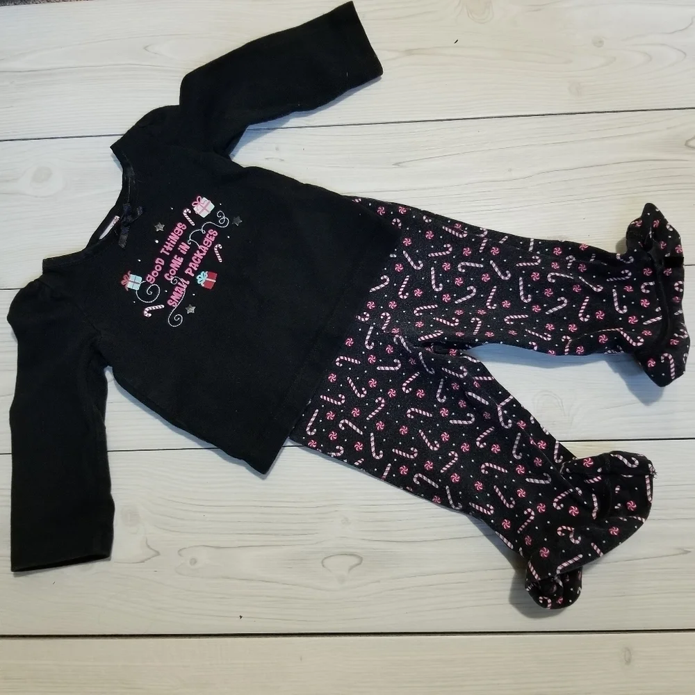 2 piece black long sleeve & candy cane ruffle leggings Christmas outfit 12 mo